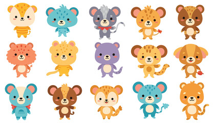 Cartoon animal characters with varied colors and designs in a playful arrangement.