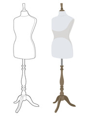 Set of two vintage female dress forms:  elegant line art style, and realistic vector design. Tailor mannequins for sewing and fashion, isolated on white background.