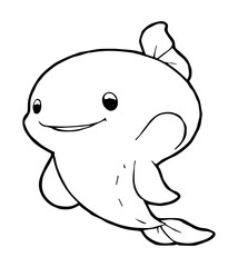 Line drawing of a cartoon dolphin with a small dorsal fin and a smiling expression