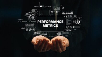 Hands Holding Performance Metrics Visuals with Digital Graphs and Icons for Data Analysis and Business Insights. Asymptotic smart data analytic.