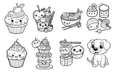 Line drawing of kawaii food and a dog
