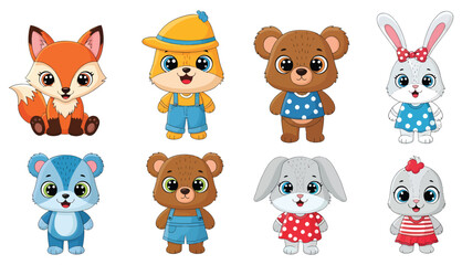 Cartoon animals fox wolf bears rabbits in colorful outfits standing upright.
