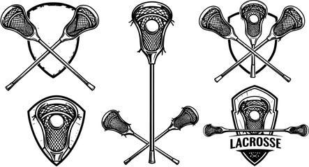 Lacrosse emblems, logos, badges templates. Set of 6 Lacrosse logos and 3 design elements. Lacrosse stick and ball isolated on white background. Lacrosse team vector emblems