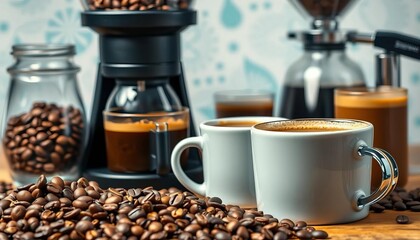 Close-up of various coffee beans, grinder, brewing equipment, and finished coffee drinks in mugs,  pour over,  coffee art