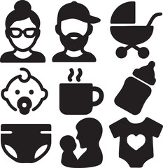 Parenting and baby care icon set. Containing parent holding child, baby bottle, heart with baby footprints, and bearded person symbol. Solid family and childcare silhouettes.