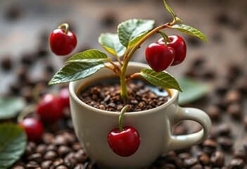 Coffee sprout with ripe cherries growing over a coffee cup,  aroma,  icon