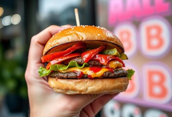Close-up of a hand holding a juicy burger, mouthwatering detail, millennial aesthetic,  bun,  millennial