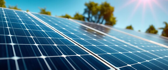 Close-up of solar panels on a bright sunny day, showcasing efficient energy production,  technology,  money