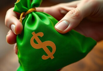 Close-up of a hand gently grasping a green money bag with a gold dollar sign,  profit,  saving