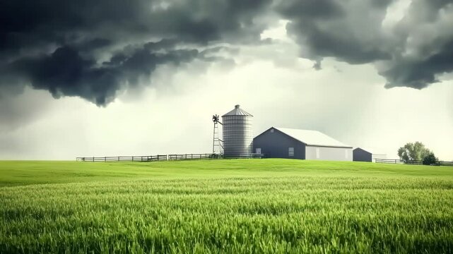 Rural Farm Landscape with Silo, Barn, Windmill, and Green Fields Under Cloudy Sky in Countryside, Evoking Peaceful Yet Moody Atmosphere