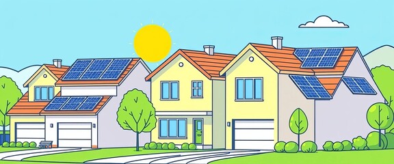 Clean vector line art of suburban homes with solar panels, showcasing green energy,  simple,  graphic