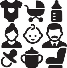 Parenting and baby care icon set. Containing parent holding child, baby bottle, heart with baby footprints, and bearded person symbol. Solid family and childcare silhouettes.