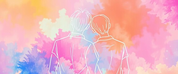 Continuous line drawing of two figures, shoulder to shoulder, symbolizing friendship,  art,  brotherhood