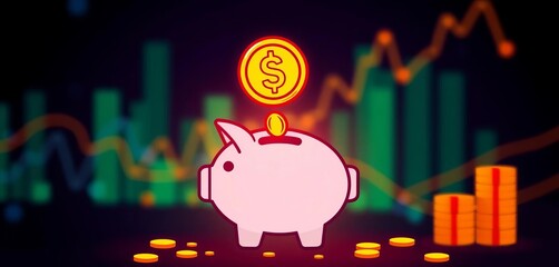 Coin dropping over piggy bank line art icon, filled style  Financial, banking, commerce, market symbol,  business,  money