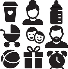 Parenting and baby care icon set. Containing parent holding child, baby bottle, heart with baby footprints, and bearded person symbol. Solid family and childcare silhouettes.