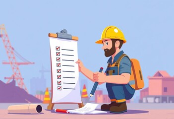 Construction worker's completed checklist, giant pencil, flat vector illustration,  deadline,  graphic
