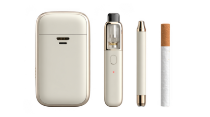 A vape device, a cartridge, and a cigarette are isolated on transparent background, showing vaping components and a traditional cigarette