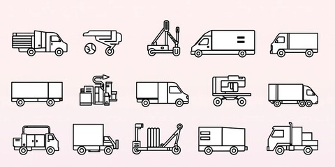 Collection of thin line logistics icons depicting cargo and delivery services; black outlines, no fill, logistics,  minimal