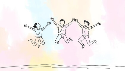 Continuous line drawing of three figures jumping, symbolizing friendship  ,  jump,  solidarity