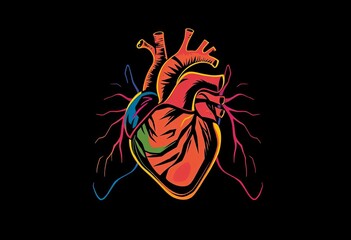 Colorful hand-drawn line art silhouette of heart and lungs; abstract anatomy print , painting, sketch