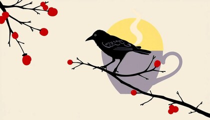 Coffee cup silhouette with raven on branch, holiday themed vector illustration, svg, white