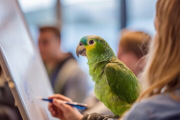 A parrot giving a presentation in front of a whiteboard