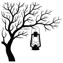 Silhouette of a leafless tree with bare branches and lantern hanging down

