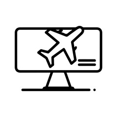 Monitor displaying a stylized plane icon with two lines at the bottom right corner