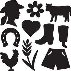 Farming and agriculture icon set. Containing cow, tractor, pitchfork, and corn symbols. Rural life and agricultural equipment silhouettes. Solid icon collection.