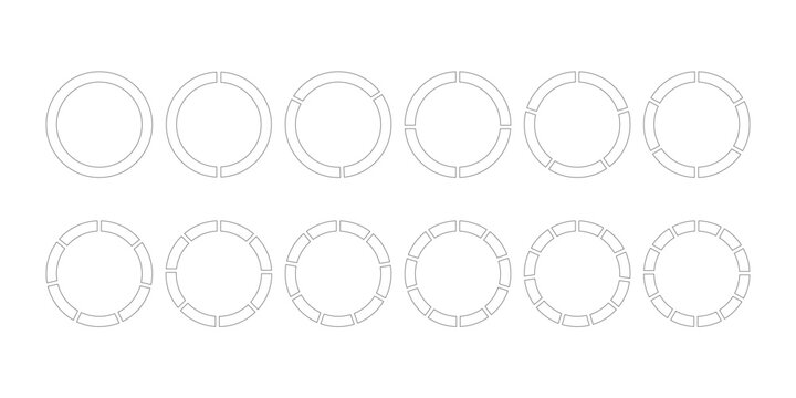 Circular progress indicator set. Circle divides on 1 to 12 equal parts. Wheel round diagram part symbol.