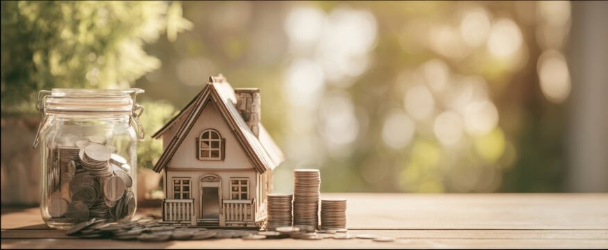 The miniature house surrounded by coins symbolizes financial growth and stability. - Powered by Adobe