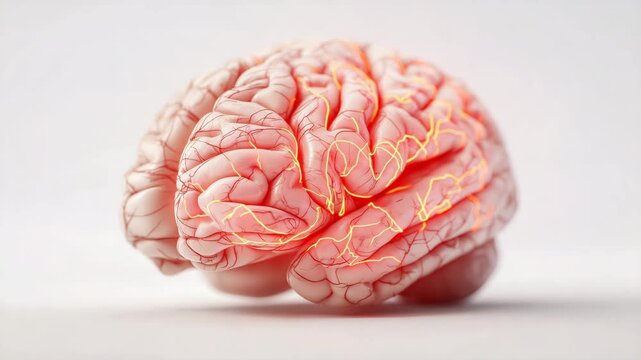 Realistisches menschliches Gehirn auf wei&szlig;em Hintergrund als medizinisches Stillleben. Gehirnstr&ouml;me Signale sichtbar K&uuml;nstliche Intelligenz KI
