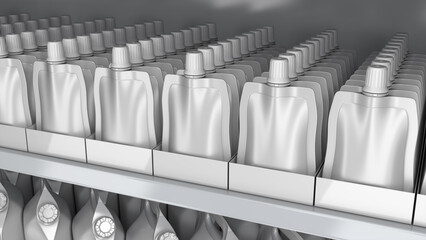 Close-up of supermarket shelves mockup with doypack stand-up spouted pouches in display boxes. 3d illustration