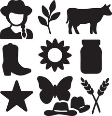 Farming and agriculture icon set. Containing cow, tractor, pitchfork, and corn symbols. Rural life and agricultural equipment silhouettes. Solid icon collection.