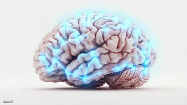 Realistisches menschliches Gehirn auf wei&szlig;em Hintergrund als medizinisches Stillleben. Gehirnstr&ouml;me Signale sichtbar K&uuml;nstliche Intelligenz KI