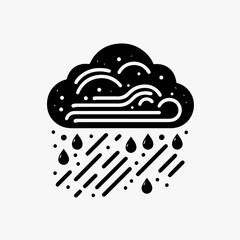 Stylized black and white illustration of a rain cloud with rain drops.