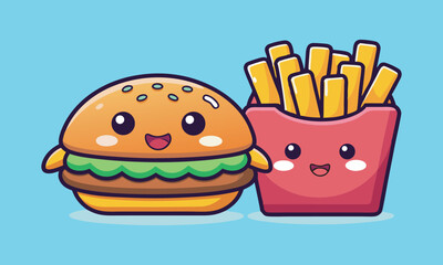 A smiling hamburger and winking fries vector art illustration