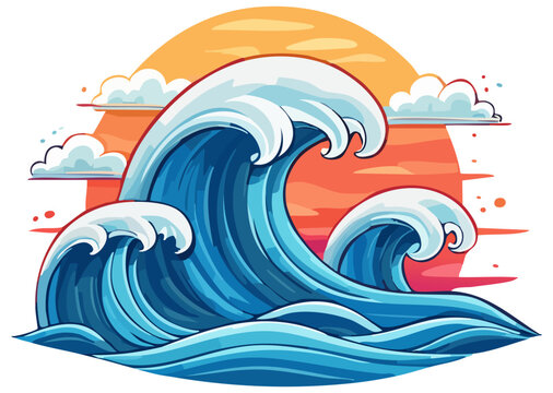 Ocean waves on sunset background clipart illustration, isolated 
