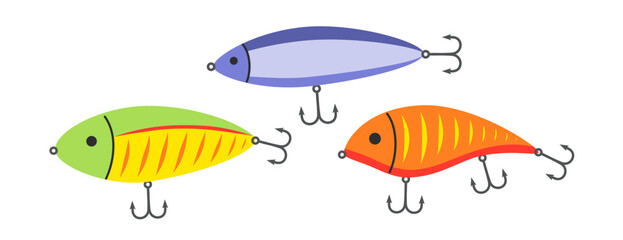 Fishing lure set. Fishing bait. Artificial fish lure in different colors. Angling accessory. Hand drawn flat vector illustration isolated on white background