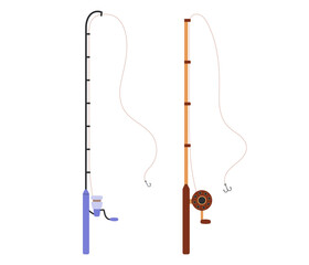 Fishing rod with reel and handle. Wooden fishing pole. Angling equipment. Hand drawn flat vector illustration isolated on white background