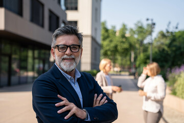 Smiling mature businessman with crossed arms outdoors in modern city business district