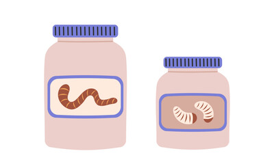 Jar of worms, earthworms and fly maggot insect. Fishing lure. Angling bait. Hand drawn flat vector illustration isolated on white background