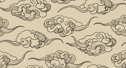 Ornate, stylized cloud patterns create a repeating design.