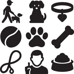 Dog care icon set. Containing dog walking, bone, paw print, and pet collar symbols. Pet ownership and dog-related icons. Solid silhouette collection.
