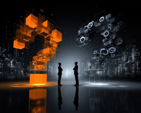 Two figures face a digital question mark