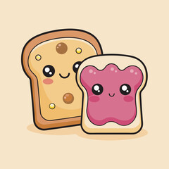 Two slices of bread with cute kawaii face vector art illustration 