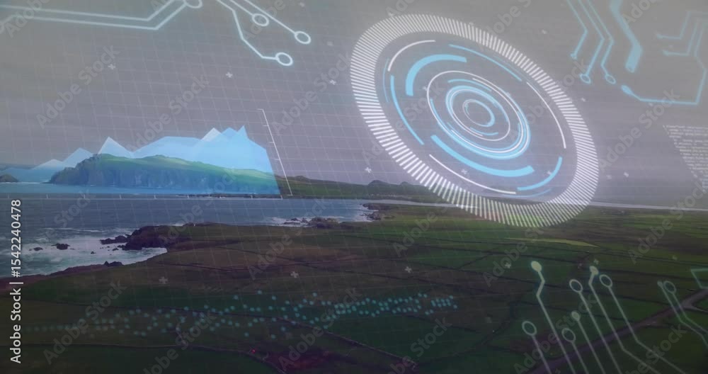 Poster holographic interface appearing causing graph forming and patterns overlaying terrain showing data