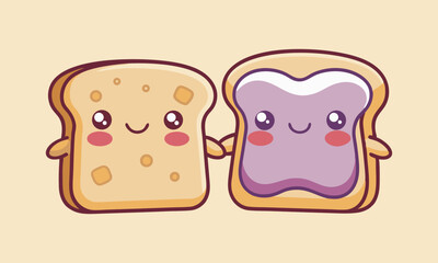 Two slices of bread with cute kawaii face vector art illustration 