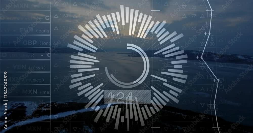 Aufkleber radial data overlay appearing animating bars and updating counter, chart to show currency change