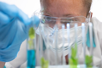 Scientist examines test tubes with colorful solutions in laboratory during research experiment